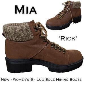 MIA Rick Womens Hiking Boots 6 Brown Ankle Booties Knit Cuff Lug Sole NEW